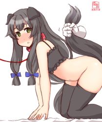 Rule 34 | 1girl, all fours, alternate costume, anal tail, animal collar, animal ears, artist logo, black bra, black hair, black thighhighs, bra, collar, commentary request, dated, disembodied hand, dog ears, dog tail, fake tail, feet out of frame, frilled bra, frills, green eyes, hair ribbon, heart, heart-shaped pupils, highres, i-47 (kancolle), kanon (kurogane knights), kantai collection, leash, long hair, navel, no panties, ribbon, simple background, solo, symbol-shaped pupils, tail, thighhighs, tress ribbon, underwear, white background