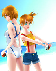 Rule 34 | 00s, 1girl, age comparison, aged up, aqua eyes, ass, back-to-back, bad id, bad pixiv id, breasts, competition swimsuit, creatures (company), dual persona, game freak, gym leader, holding, holding poke ball, in-franchise crossover, kujiramu, midriff, misty (pokemon), nintendo, ocean, one-piece swimsuit, open mouth, orange hair, poke ball, poke ball (basic), pokemon, pokemon (anime), pokemon hgss, short hair, shorts, side ponytail, smile, suspenders, swimsuit, time paradox