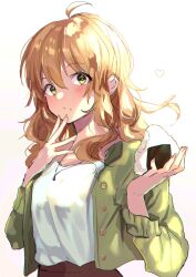 Rule 34 | 1girl, absurdres, ahoge, blonde hair, blush, brown skirt, buttons, food, food on face, green eyes, green jacket, heart, highres, holding, holding food, hoshii miki, idolmaster, idolmaster (classic), idolmaster million live!, idolmaster million live! theater days, jacket, jewelry, looking at viewer, meno (imas ll), messy hair, necklace, onigiri, open clothes, open jacket, shirt, skirt, upper body, white background, white shirt