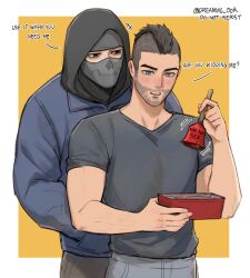 Rule 34 | 2boys, bell, black hoodie, black pants, black shirt, blue eyes, blue shirt, call of duty, call of duty: modern warfare 2, couple, dreaming oor, english text, facial hair, ghost (modern warfare 2), grey pants, hands in pockets, highres, holding, holding bell, hood, hood up, hoodie, male focus, mask, multiple boys, pants, shirt, soap (modern warfare 2), twitter username, yaoi