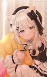 Rule 34 | 1girl, animal ears, capelet, cat ears, cat girl, dress, frilled capelet, frills, grey hair, grin, hat, highres, indie virtual youtuber, long hair, long sleeves, looking at viewer, nekodo oyuchi, hugging object, pillow, pillow hug, shirochimaki, smile, virtual youtuber, white dress, yellow eyes