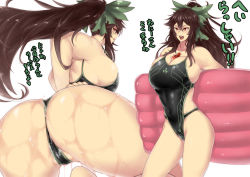 Rule 34 | 1girl, arched back, ass, back, bow, breasts, brown hair, cleavage, collarbone, contrapposto, covered navel, cowboy shot, green bow, hair bow, huge ass, huge breasts, long hair, one-piece swimsuit, ponytail, red eyes, reiuji utsuho, skin tight, solo, standing, swimsuit, tobisawa, touhou, translation request, very long hair, wet, white background