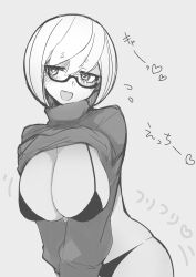 Rule 34 | 1girl, :d, absurdres, akitsuchi shien, alternate breast size, bikini, borrowed character, breasts, clothes lift, eisu-chan (eisu), glasses, greyscale, highres, large breasts, monochrome, open mouth, original, shirt lift, short hair, simple background, smile, sweater, sweater lift, swept bangs, swimsuit, turtleneck, turtleneck sweater, white background