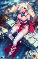 Rule 34 | 1girl, animal ears, bare shoulders, breasts, china dress, chinese clothes, cleavage, detached sleeves, dress, fox ears, fox tail, jewelry, jjune, large breasts, leg ribbon, legs, long legs, long sleeves, necklace, original, ribbon, side slit, silver hair, sitting, smile, soaking feet, solo, tail, thighhighs, thighs, water, white thighhighs, wide sleeves, yellow eyes, zettai ryouiki