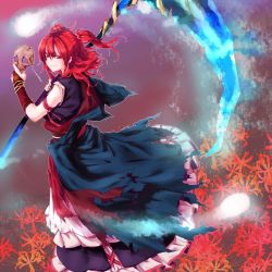 Rule 34 | 1girl, absurdres, armband, dress, flower, glowing, hair bobbles, hair ornament, highres, holding, looking at viewer, looking back, mappe (778exceed), mappe (artist), onozuka komachi, red eyes, red flower, red hair, scythe, shinigami, skull, smile, solo, spider lily, torn clothes, torn dress, touhou, two side up