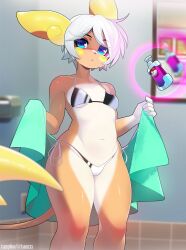 Rule 34 | 1girl, :&lt;, alolan form, alolan raichu, animal ears, animal nose, artist name, bare shoulders, bathroom, bikini, blue eyes, blurry, blurry background, blurry foreground, blush, blush stickers, bob cut, body fur, bottle, breasts, cameltoe, closed mouth, collarbone, creatures (company), female focus, floating, floating object, furry, furry female, game freak, gen 7 pokemon, groin, hands up, highres, holding, holding towel, indoors, looking at viewer, mirror, mouse ears, mouse girl, mouse tail, navel, nintendo, nose blush, orange fur, personification, poke ball symbol, pokemon, pokemon (creature), reflection, shiny skin, short hair, side-tie bikini bottom, sidelocks, small breasts, solo, standing, stomach, string bikini, swimsuit, tail, telekinesis, thighs, towel, tsampikos, twitter username, two-tone bikini, two-tone fur, watermark, white bikini, white fur, white hair