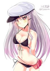 Rule 34 | 10s, 1girl, alternate hair color, bikini, black bikini, black bra, black panties, blush, bra, breasts, flat cap, gangut (kancolle), grey hair, hat, highres, hizaka, kantai collection, large breasts, long hair, looking at viewer, military, military hat, military uniform, panties, red eyes, side-tie bikini bottom, solo, swimsuit, underwear, uniform, white background