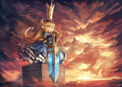 Rule 34 | &gt;:3, 10s, 1girl, :3, blonde hair, blue dress, charlotta (granblue fantasy), closed mouth, crown, dress, closed eyes, full body, gauntlets, granblue fantasy, hair between eyes, hands on hilt, harvin, harvin, long hair, own hands together, pointy ears, puffy sleeves, shield, solo, standing, sword, v-shaped eyebrows, weapon, wooden box, yilx