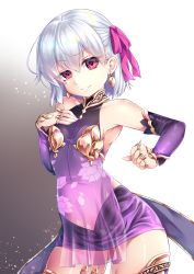 Rule 34 | 1girl, armlet, armor, bare shoulders, bikini armor, bracelet, breasts, collar, detached sleeves, dress, earrings, fate/grand order, fate (series), floral print, grin, hair ribbon, highres, jewelry, kama (fate), kama (first ascension) (fate), looking at viewer, metal collar, miniskirt, miyabi urumi, pelvic curtain, purple dress, purple skirt, purple sleeves, red eyes, ribbon, ring, short hair, silver hair, skirt, small breasts, smile, thighlet, thighs
