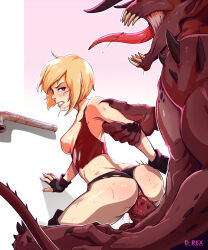 Rule 34 | 1boy, 1girl, arm grab, ass, bare shoulders, black gloves, black nails, blonde hair, blush, breasts, clenched teeth, colored skin, d-rex, demon boy, fingerless gloves, fingernails, furry, furry with non-furry, gloves, highres, horns, industrial pipe, interspecies, large penis, long tongue, medium breasts, monster, nipples, original, penis, pointy ears, rape, red shirt, red skin, sex, sex from behind, sharp fingernails, sharp teeth, shiny skin, shirt, short hair, tears, teeth, tongue, tongue out, torn clothes, torn shirt, vaginal