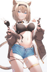 Rule 34 | 1girl, :3, animal collar, animal ear fluff, animal ears, bandaid, bare shoulders, black bustier, blue eyes, braid, breasts, breasts apart, brown hair, bustier, cat ears, cat girl, cat tail, closed mouth, collar, contrapposto, cowboy shot, cross-laced slit, denim, denim shorts, fingerless gloves, french braid, gloves, hair between eyes, hairband, highres, honkai (series), honkai impact 3rd, infinity (kkx132), jacket, unworn jacket, large breasts, looking at viewer, midriff, navel, off shoulder, open fly, panty straps, pardofelis (honkai impact), short shorts, shorts, side slit, simple background, skindentation, smile, solo, tail, thigh strap, v, white background