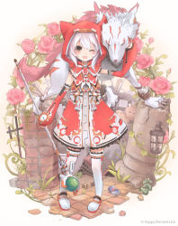 Rule 34 | 1girl, brown eyes, detached sleeves, dress, flower, hat, hat with ears, hood, isegawa yasutaka, lamp, little red riding hood, long sleeves, majoca majoluna, one eye closed, open mouth, original, pink flower, pink rose, polearm, red dress, rose, silver hair, smile, solo, thighhighs, weapon, white thighhighs, wide sleeves, wink, wolf, zettai ryouiki