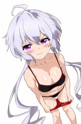 Rule 34 | 1girl, black bra, black panties, blush, bra, breasts, chupirinko, cleavage, closed mouth, clothes pull, commentary, dutch angle, foreshortening, frown, groin, highres, light purple hair, long hair, looking at viewer, medium breasts, navel, panties, pulled by self, purple eyes, red shorts, senki zesshou symphogear, shorts, shorts pull, simple background, solo, standing, string panties, underwear, underwear only, v-shaped eyebrows, very long hair, white background, yukine chris