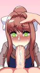 Rule 34 | 1boy, 1girl, animated, blush, bow, brown hair, brown jacket, cum, cum in mouth, cum in nose, deepthroat, doki doki literature club, dynamo heart, ejaculation, fellatio, gradient background, green eyes, hair bow, hand on another&#039;s head, hetero, jacket, looking at viewer, lowres, monika (doki doki literature club), oral, orgasm, pink background, pov, pumping, sound, tagme, uncensored, video
