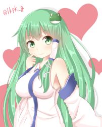 Rule 34 | 1girl, akino ell, bad id, bad pixiv id, bare shoulders, breasts, closed mouth, detached sleeves, frog hair ornament, green eyes, green hair, hair ornament, hair tubes, heart, highres, kochiya sanae, large breasts, long hair, looking at viewer, smile, snake hair ornament, solo, touhou, twitter username, upper body, white background