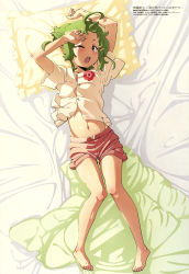 Rule 34 | 1girl, absurdres, artist request, bare arms, bare legs, barefoot, bed, elf, feet, flower, fujii shingo, green hair, highres, looking at viewer, megami magazine, mushoku tensei, navel, official art, one eye closed, open mouth, pillow, pointy ears, short hair, shorts, solo, sylphiette (mushoku tensei)