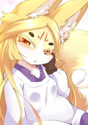 Rule 34 | 1girl, blonde hair, brown eyes, fox, furry, furry female, japanese clothes, open mouth, solo, ukan muri