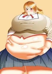 Rule 34 | 10s, 1girl, belly, blonde hair, blush, breasts, cleavage, drill hair, fat, highres, huge breasts, mahou shoujo madoka magica, navel, obese, sakumatyann, solo, thick thighs, thighs, tomoe mami, twin drills, yellow eyes