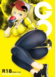 Rule 34 | 10s, 1girl, artist name, ass, baseball cap, black footwear, black gloves, blue eyes, breasts, copyright name, creatures (company), female protagonist (pokemon go), fingerless gloves, game freak, gloves, hat, highres, holding, holding poke ball, jacket, kiss, large breasts, leggings, long hair, long sleeves, looking at viewer, lying, nintendo, nylon (nylon 100%), object kiss, on side, poke ball, pokemon, pokemon go, ponytail, red hat, shoes, shorts, sidelocks, sleeves rolled up, solo, teasing, yellow jacket, yellow shorts, yellow theme