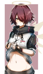 Rule 34 | 1girl, angel, annoyed, arknights, black gloves, brown eyes, closed mouth, clothes lift, detached wings, exusiai (arknights), eyes visible through hair, fingerless gloves, gin moku, gloves, hair over one eye, halo, highres, id card, jacket, looking at viewer, navel, red hair, shirt lift, short hair, smile, solo, steam, stomach, sweatdrop, upper body, white background, white jacket, wings