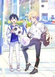 Rule 34 | 2boys, adidas, aged down, ball, black footwear, black hair, black pants, blonde hair, blue eyes, blue hair, blue lock, blue shirt, car, child, closed mouth, day, enpissi, full body, hand in pocket, highres, holding, holding ball, isagi yoichi, jacket, jacket partially removed, long hair, long sleeves, looking at viewer, male focus, michael kaiser, motor vehicle, multicolored hair, multiple boys, open clothes, open jacket, open mouth, outdoors, pants, photo background, shirt, shoes, short hair, smile, sneakers, soccer ball, standing, two-tone hair, white footwear, white jacket, white pants, white shirt
