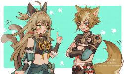 Rule 34 | 1boy, 1girl, :3, ahoge, animal ears, armor, blue eyes, brown hair, cat ears, cat girl, cat tail, commentary request, crossed arms, dog boy, dog ears, dog tail, genshin impact, gorou (genshin impact), green eyes, hair between eyes, index finger raised, japanese armor, japanese clothes, kirara (genshin impact), long hair, multiple tails, ojo aa, open mouth, paw print, simple background, tail, twitter username, two-tone background, two tails