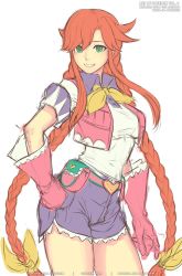 Rule 34 | 1girl, belt, braid, breasts, gloves, gofelem, green eyes, long hair, looking at viewer, pink gloves, pink vest, rebecca streisand, red hair, shorts, simple background, smile, solo, twin braids, twintails, very long hair, vest, white background, wild arms, wild arms 5