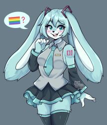 1girl :d ? animal_ears artist_name artkett1412 black_skirt black_thighhighs blush collared_shirt cowboy_shot detached_sleeves furrification furry furry_female green_eyes green_necktie grey_shirt hair_between_eyes hair_ribbon hatsune_miku highres lgbt_pride long_hair long_sleeves meme necktie open_mouth pride_flag_question_mark_(meme) rabbit_ears rabbit_girl rainbow_flag ribbon shirt shoulder_tattoo skirt smile solo speech_bubble spoken_flag spoken_symbol tattoo teeth thighhighs twitter_username upper_teeth_only vocaloid zettai_ryouiki