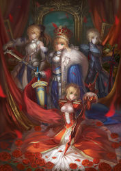 Rule 34 | 10s, 4girls, aestus estus, ahoge, armor, armored dress, artoria pendragon (all), artoria pendragon (fate), avalon (fate/stay night), bare shoulders, blonde hair, bow, braid, breastplate, breasts, caliburn (fate), cape, crown, curtains, dark persona, detached sleeves, dress, epaulettes, excalibur (fate/stay night), excalibur morgan (fate), closed eyes, fate/extra, fate/stay night, fate/unlimited codes, fate (series), faulds, flower, french braid, frilled sleeves, frills, gauntlets, green eyes, hair bow, hair bun, hair over one eye, holding, looking at viewer, midriff, mirror, multiple girls, multiple persona, neon trim, nero claudius (fate), nero claudius (fate) (all), nero claudius (fate/extra), odd one out, pale skin, pauldrons, picture frame, plant, ponytail, puffy sleeves, red dress, red flower, red rose, rose, saber (fate), saber 01, saber alter, saber lily, sheath, sheathed, short hair, shoulder armor, single hair bun, sitting, standing, sword, unsheathing, weapon, yellow eyes, yokozuwari