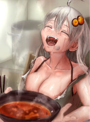 Rule 34 | 1girl, ahoge, bowl, breasts, chopsticks, collarbone, eating, fangs, food, food on face, grey hair, hair between eyes, hair ornament, highres, holding, holding bowl, holding food, kizuna akari, large breasts, messy, messy hair, nervous sweating, open clothes, open mouth, open shirt, pot, sinnyouju, steam, strap slip, sweat, tank top, teeth, very sweaty, voiceroid, wet