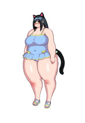 Rule 34 | 1girl, absurdres, animal ears, breasts, brown eyes, brown hair, cat ears, cat tail, fat, glasses, highres, hip focus, huge breasts, kjmvideo, simple background, solo, tail, thick thighs, thighs, white background