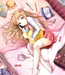 Rule 34 | 1girl, :o, bad id, bad pixiv id, bag, bed, bed sheet, book, bow, briefcase, brown eyes, brown hair, candy, cellphone, commentary, crop top, food, from above, hair bow, hand mirror, highres, holding, holding phone, holding stuffed toy, indoors, long hair, long sleeves, looking at viewer, looking up, luzzi (milllim), lying, midriff, miniskirt, mirror, no shoes, notebook, on bed, on side, open mouth, original, pen, pencil, pencil case, phone, photo (object), pink bow, pink skirt, sailor collar, school briefcase, school uniform, serafuku, shirt, skirt, slippers, smartphone, solo, stuffed animal, stuffed toy, thighhighs, white shirt, white thighhighs, zettai ryouiki