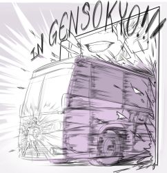 Rule 34 | 2girls, american flag dress, bus, cirno, clownpiece, comic, commentary, dress, english text, fourth wall, hat, jester cap, long hair, mefomefo, meme, monochrome, motion blur, motion lines, motor vehicle, multiple girls, out of frame, pink theme, short hair, short sleeves, too literal, touhou, vehicle, wheel