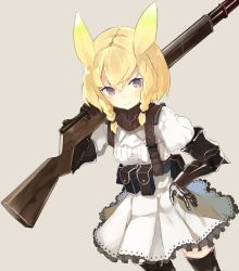 Rule 34 | 1girl, animal ears, armor, belt, belt pouch, black footwear, blonde hair, blush, boots, braid, cowboy shot, dress, fox ears, frills, from above, gauntlets, grey background, gun, hair between eyes, hand on own hip, holding, holding gun, holding weapon, looking at viewer, mazonano, nekomegane, original, over shoulder, pocket, pouch, puffy sleeves, purple eyes, rifle, short hair, simple background, solo, thigh boots, thighhighs, twin braids, weapon, white dress, zettai ryouiki