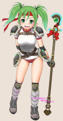 Rule 34 | 1girl, :d, armor, belt, black gloves, boots, breasts, buruma, dated, ebifly, fang, fingerless gloves, full body, gloves, green eyes, green hair, grey background, headband, holding, holding staff, knee boots, large breasts, leaning forward, looking at viewer, armored boots, open mouth, pointy ears, raichi (sennen sensou aigis), red buruma, sennen sensou aigis, shirt, shoulder armor, signature, smile, solo, pauldrons, staff, twintails, white shirt