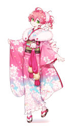 Rule 34 | 1girl, 35p (sakura miko), absurdres, ahoge, ancoloyuki, black footwear, commentary request, earrings, floral print, flower, flower earrings, full body, fur-trimmed kimono, fur trim, green eyes, hair between eyes, hair flower, hair ornament, highres, hololive, japanese clothes, jewelry, kimono, long sleeves, looking at viewer, obi, pink flower, pink hair, print kimono, sakura miko, sandals, sash, simple background, smile, solo, standing, virtual youtuber, white background, white legwear