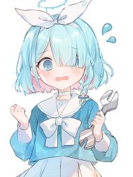 Rule 34 | 1227ree, 1girl, @ @, absurdres, arona (blue archive), blue archive, blue eyes, blue hair, blue halo, blue shirt, blush, choker, colored inner hair, commentary request, hair ribbon, halo, highres, holding, holding wrench, long sleeves, looking at viewer, multicolored hair, open mouth, pink hair, pleated skirt, ribbon, sailor collar, shirt, short hair, simple background, skirt, solo, tearing up, upper body, white background, white choker, white ribbon, white sailor collar, white skirt, wrench