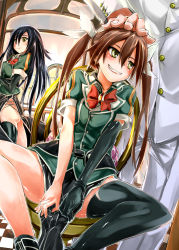 Rule 34 | 10s, 2girls, admiral (kancolle), arms between legs, between legs, black gloves, black hair, black legwear, breasts, brown hair, chikuma (kancolle), gloves, green shirt, grin, hair ribbon, hand between legs, kantai collection, long hair, looking at another, medium breasts, military, military uniform, multiple girls, no panties, pelvic curtain, headpat, remodel (kantai collection), ribbon, shirt, side slit, single glove, single thighhigh, sitting, smile, spread legs, standing, thighhighs, tone (kancolle), toyo (toyozine2009), twintails, uniform, very long hair, yellow eyes