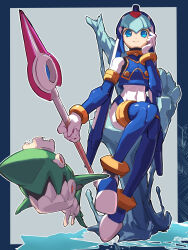 Rule 34 | 1girl, absurdres, armor, blue armor, blue eyes, blue footwear, blue helmet, boots, fairy leviathan (mega man), fish, forehead jewel, full body, hand on own face, helmet, highres, holding, holding polearm, holding weapon, ice, mega man (series), mega man zero (series), non-humanoid robot, omochi (mochi skymega), polearm, robot, robot animal, robot fish, sitting, spear, thigh boots, weapon