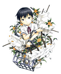 Rule 34 | 1boy, bad id, bad pixiv id, black hair, brown eyes, chain, crossed arms, cuffs, flower, looking at viewer, male focus, marker (medium), noeyebrow (mauve), original, shackles, short hair, simple background, traditional media, white background