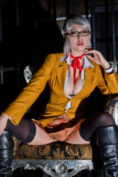 Rule 34 | 1girl, armchair, asian, boots, breasts, brown eyes, chair, cleavage, cosplay, glasses, indoors, japanese (nationality), large breasts, lip gloss, looking at viewer, makeup, parted lips, photo (medium), prison cell, prison school, sadzuki kei, school uniform, shiraki meiko, shiraki meiko (cosplay), short hair, silver hair, sitting, solo, thighhighs