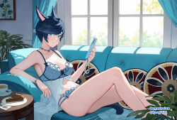 Rule 34 | 1girl, animal ears, babydoll, blue babydoll, blue eyes, blue hair, blue panties, bracelet, breasts, cat ears, cat tail, cellphone, choker, commission, cup, facial mark, final fantasy, final fantasy xiv, indoors, jewelry, large breasts, lyra-kotto, miqo&#039;te, navel, panties, phone, short hair, sitting, slit pupils, smartphone, smile, solo, tail, tart slice, teacup, underwear, warrior of light (ff14), whisker markings