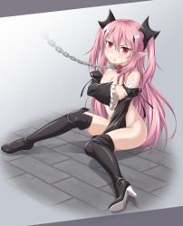 Rule 34 | 10s, 1girl, bdsm, blush, bondage, boots, bound, chain, chain leash, clenched teeth, collar, covering privates, dungeon, embarrassed, fangs, gothic lolita, high heel boots, high heels, krul tepes, kyuutou (kyuutouryuu), leash, lolita fashion, nude, nude cover, owari no seraph, red eyes, slave, solo, teeth, thigh boots, thighhighs, vampire