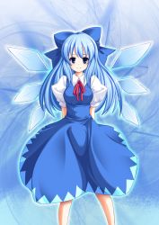 Rule 34 | 1girl, alternate hair length, alternate hairstyle, arms behind back, blue eyes, blue hair, bow, breasts, cirno, dress, female focus, hair bow, highres, large bow, long hair, matching hair/eyes, neck ribbon, aged up, ribbon, smile, solo, sorato (akito), embodiment of scarlet devil, touhou, wings