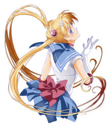Rule 34 | 1girl, artist name, bishoujo senshi sailor moon, blue eyes, blue skirt, bow, choker, closed mouth, elbow gloves, gloves, hair ornament, hairclip, hatsuo, highres, long hair, looking back, miniskirt, red bow, sailor collar, sailor moon, skirt, tsukino usagi, twintails, very long hair, white background, white gloves