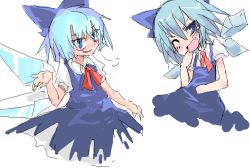 Rule 34 | 1girl, :d, ;d, blue dress, blue eyes, blue hair, blush, bow, bowtie, breath, cirno, crystal, dress, fairy, female focus, ice, ice wings, looking at viewer, one eye closed, open mouth, red bow, red bowtie, simple background, smile, touhou, white background, wings