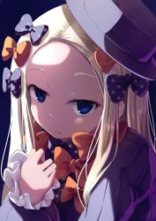Rule 34 | 1girl, abigail williams (fate), black bow, black dress, black hat, blonde hair, blue eyes, bow, closed mouth, commentary request, dress, fate/grand order, fate (series), hand up, hat, long hair, long sleeves, looking at viewer, nicoby, orange bow, parted bangs, polka dot, polka dot bow, purple background, simple background, sleeves past wrists, solo