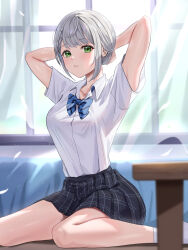 Rule 34 | 1girl, absurdres, arms behind head, bedroom, black skirt, blue bow, blue bowtie, bow, bowtie, braid, breasts, collared shirt, commentary request, curtains, diagonal-striped bow, diagonal-striped bowtie, diagonal-striped clothes, green eyes, grey hair, highres, hololive, indoors, large breasts, looking at viewer, miniskirt, monokawa (iurl1z), official alternate costume, on floor, parted lips, plaid, plaid skirt, pleated skirt, school uniform, shirogane noel, shirogane noel (school uniform), shirt, shirt tucked in, short hair, short sleeves, single braid, sitting, skirt, socks, solo, striped, striped clothes, tying hair, virtual youtuber, wariza, white shirt, white socks, window