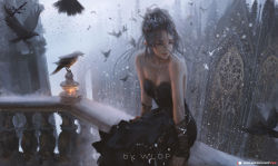 Rule 34 | 1girl, animal, architecture, arm warmers, arms at sides, artist name, bare arms, bare shoulders, bird, black dress, black hair, breasts, building, cleavage, collarbone, copyright name, crow, dress, eyelashes, flock, fog, ghostblade, gothic architecture, grey sky, highres, jewelry, lamp, lipstick, long hair, looking away, looking down, looking to the side, makeup, making-of available, mascara, messy hair, mole, mole under eye, necklace, on railing, outdoors, patreon username, pointy ears, railing, red lips, sitting, sky, sleeveless, sleeveless dress, small breasts, snowing, solo, strapless, strapless dress, watermark, web address, winter, wlop