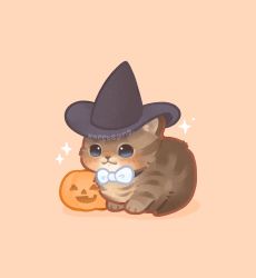 Rule 34 | animal, animal focus, artist name, black headwear, blue eyes, blush, bow, bowtie, brown cat, cat, clothed animal, hat, highres, kapebeansies, no humans, orange background, original, photo-referenced, pumpkin, simple background, sparkle, watermark, white bow, witch hat